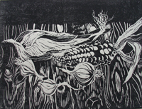 Mais-und Zwiebelstilleben, 1959 Linolschnitt, S/W, 30,5x40,3 cm